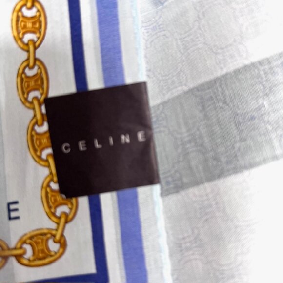 New Trendy Celine Paris Mini Scarf 20"Cotton/Silk blue gold chain  belt logo( 56 - Picture 6 of 7